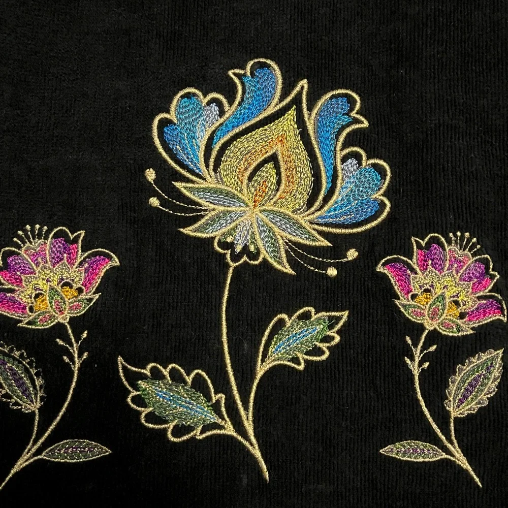 Handcrafted embroidered floral design in the Jacobean style pair of hand towels